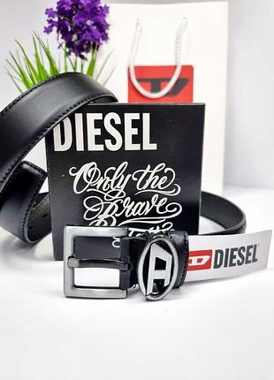 Кожаный ремень дизель 3 см черный, ремень diesel, ремень натуральная кожа, ремень с логотипом матовое серебро
