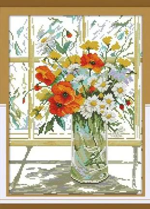 Набір для вишивання за нанесеною на канву схемою "flower vase on windowsill ". aida 14ct printed, 29*35 см