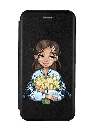 Чехол-книжка с рисунком для samsung galaxy а10s / a107 черный :: девушка с тюльпанами (принт 22)