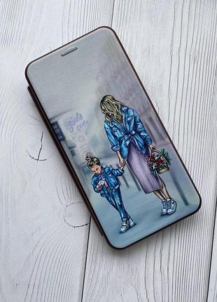 Чехол-книжка с рисунком для xiaomi redmi note 7/ redmi note 7 pro бордовый :: мама и дочь (принт 56) 3