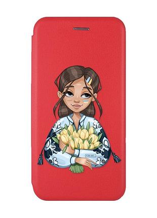 Чехол-книжка с рисунком для samsung galaxy m32/ m22/ a22 4g красный :: девушка с тюльпанами (принт 22)