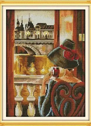 Набор для вышивания по нанесённой на канву схеме "look out of the window".aida 14ct printed , 27*34 см