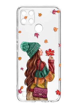 Прозрачный чехол на realme c21y :: девушка с листьями (принт 221)