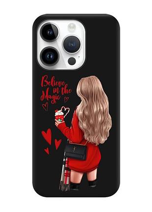 Матовый чехол с черными боками на apple iphone 14 pro :: девушка с кофе (принт 137)