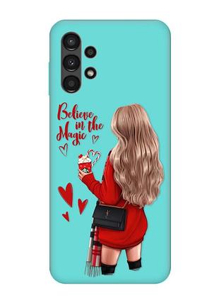 Матовый чехол с бирюзовыми боками на samsung galaxy a13 4g :: девушка с кофе (принт 137)