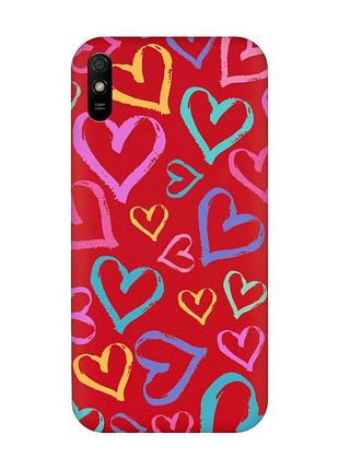 Матовый чехол с красными боками на xiaomi redmi 9a :: разноцветные сердечка (принт 332)