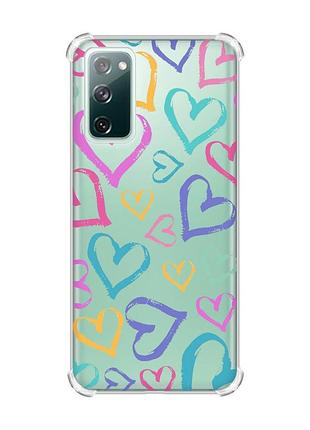 Чехол с утолщенными углами на samsung galaxy s20 fe :: разноцветные сердечка (принт 332)