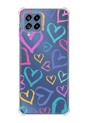Чохол з потовщеними кутами на samsung galaxy m53 (m536) 5g :: різнокольорові сердечка (принт 332)