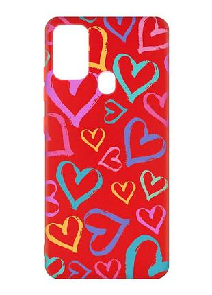 Матовый чехол с красными боками на samsung galaxy m30s/m21 :: разноцветные сердечка (принт 332)