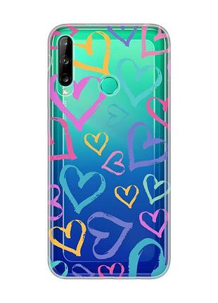 Прозрачный чехол для huawei p40 lite e / y7p :: разноцветные сердечка (принт 332)
