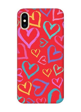Матовый чехол с красными боками на iphone xs max :: разноцветные сердечка (принт 332)