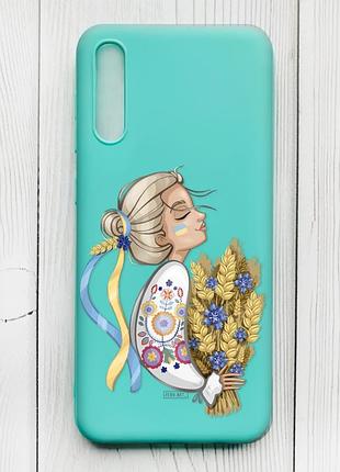 Матовый чехол с бирюзовыми боками на samsung galaxy a50 (2019) a505/a30s :: украинка с колосками (принт 173)