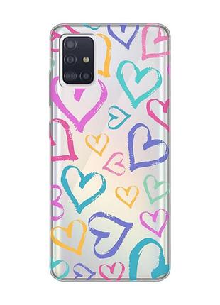 Прозорий чохол на samsung galaxy a71/a715 :: різнокольорові сердечка (принт 332)