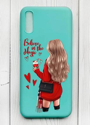 Матовый чехол с бирюзовыми боками на xiaomi redmi 9а :: девушка с кофе (принт 137)