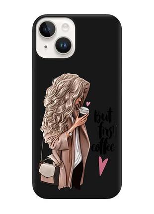 Матовый чехол с черными боками на apple iphone 14 :: девушка с кофе (принт 114)