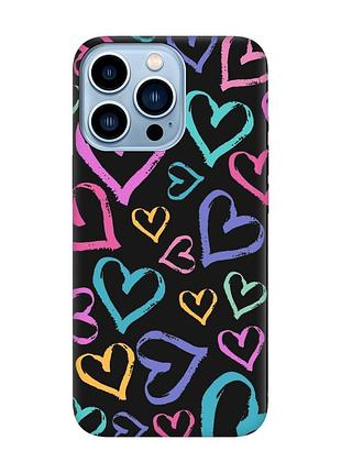 Матовый чехол с черными боками на apple iphone 13 pro max :: разноцветные сердечка (принт 332)