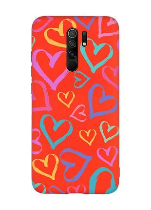 Матовый чехол с красными боками на xiaomi redmi note 8 pro :: разноцветные сердечка (принт 332)