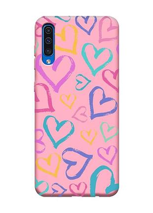 Матовый чехол с розовыми боками на samsung galaxy a50 (2019) a505/a30s :: разноцветные сердечка (принт 332)