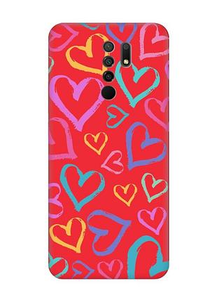 Матовый чехол с красными боками на xiaomi redmi 9 :: разноцветные сердечка (принт 332)