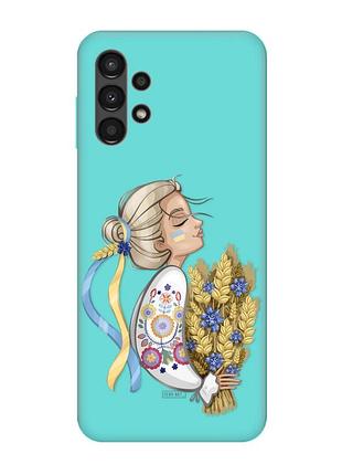 Матовий чохол з бірюзовими боками на samsung galaxy a13 4g :: українка з колосками (принт 173)