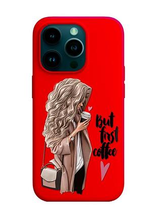 Матовый чехол с красными боками на apple iphone 14 pro :: девушка с кофе (принт 114)