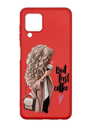 Матовый чехол с красными боками на samsung galaxy m32/a22/m22 4g :: девушка с кофе (принт 114)