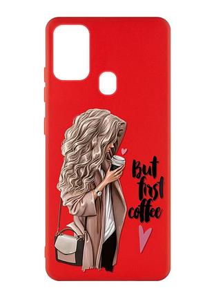 Матовый чехол с красными боками на samsung galaxy m30s/m21 :: девушка с кофе (принт 114)