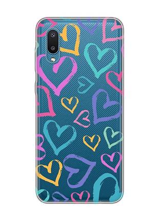 Прозрачный чехол на samsung galaxy a02/a022 (2021) :: разноцветные сердечка (принт 332)