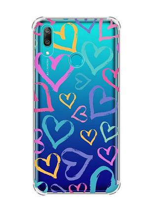 Чехол с утолщёнными углами на huawei y7 2019/y7 prime 2019 :: разноцветные сердечка (принт 332)