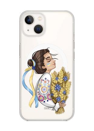 Магнитный чехол на iphone 14 plus с поддержкой magsafe :: украинка с колосками (патриотический принт 172)