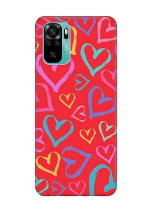Матовый чехол с красными боками на xiaomi redmi note 10/note 10s :: разноцветные сердечка (принт 332)