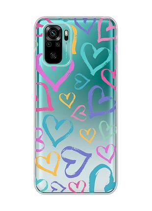 Прозрачный чехол на xiaomi redmi note 10 / note 10s :: разноцветные сердечка (принт 332)