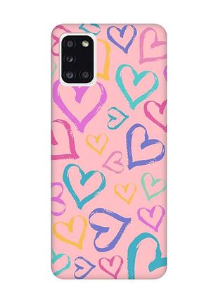 Матовый чехол с розовыми боками на samsung galaxy a31 :: разноцветные сердечка (принт 332)