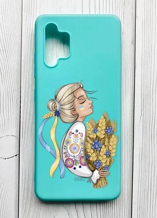 Матовый чехол с бирюзовыми боками на samsung galaxy a32 украинка с колосками (принт 173)