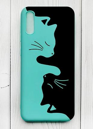 Матовый чехол с бирюзовыми боками на xiaomi redmi 9а :: кошечки (принт 118)