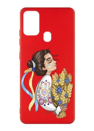 Матовый чехол с красными боками на samsung galaxy m30s/m21 :: украинка с колосками (принт 172)