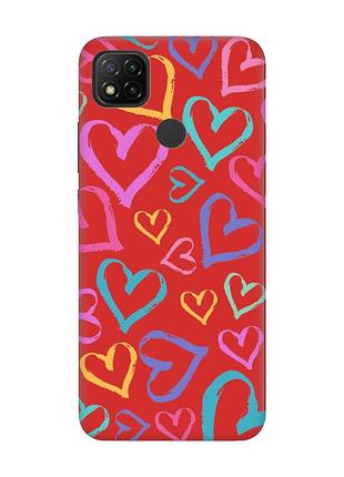 Матовый чехол с красными боками на xiaomi redmi 9c/10a :: разноцветные сердечка (принт 332)