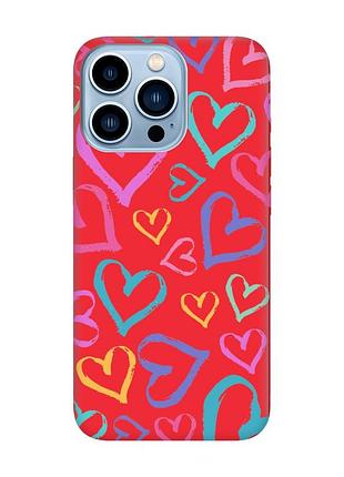 Матовый чехол с красными боками на apple iphone 13 pro max :: разноцветные сердечка (принт 332)