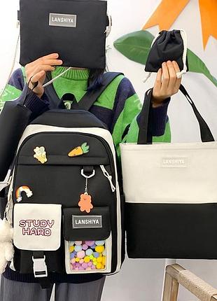 Школьный детский портфель для девочки комплектом 5 в 1 рюкзак пенал сумка брелок черный