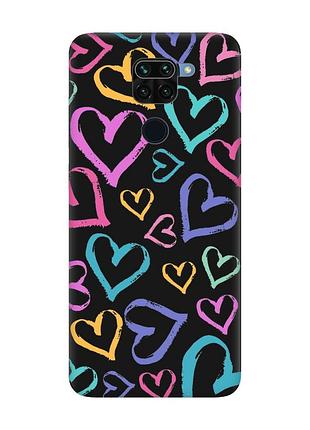 Матовый чехол с черными боками на xiaomi redmi note 9 :: разноцветные сердечка (принт 332)