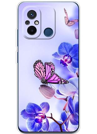 Чехол силиконовый с картинкой на xiaomi redmi 12c (цветок, бабочка на орхидее)