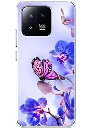 Чехол силиконовый с картинкой на xiaomi 13 (цветок, бабочка на орхидее)