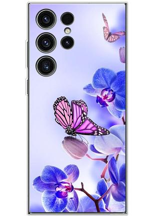 Чехол силиконовый с картинкой на samsung galaxy s23 ultra (s918) (цветок, бабочка на орхидее)