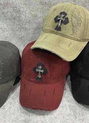 Джинсовая кепка chrome hearts рваная, брендовая бейсболка chrome hearts джинс, кепка хром хартс, рванная кепка