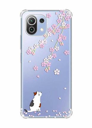 Чехол с утолщёнными углами на xiaomi mi 11 lite :: котик и сакура (принт 283)