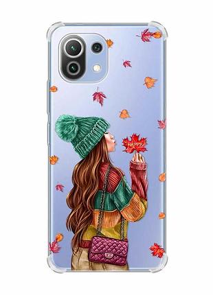 Чехол с утолщёнными углами на xiaomi mi 11 lite :: девушка с листьями (принт 221)