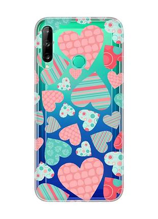 Прозрачный чехол для huawei p40 lite e / y7p :: разноцветные сердечка (принт 334)