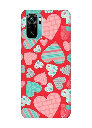 Матовый чехол с красными боками на xiaomi redmi note 10/note 10s :: разноцветные сердечка (принт 334)