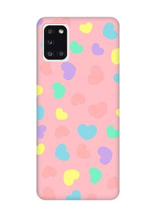 Матовый чехол с розовыми боками на samsung galaxy a31 :: разноцветные сердечка (принт 335)