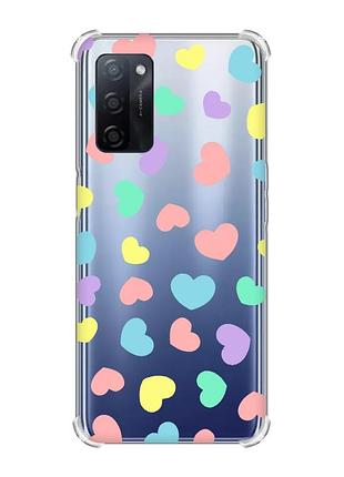 Чехол с утолщёнными углами для oppo a55 :: разноцветные сердечка (принт 335)